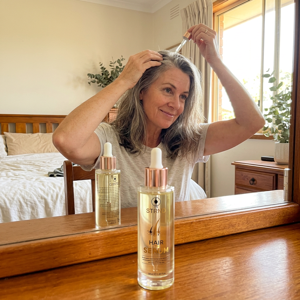 Real customer applying STRND Hair Serum to the scalp